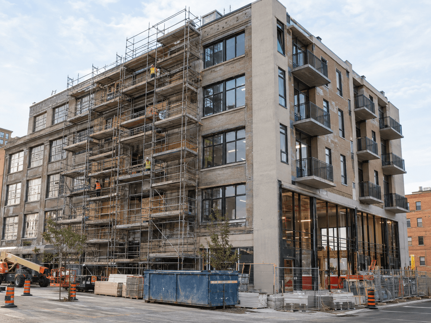 Immeuble urbain à logements en rénovation extérieure avec échafaudages, balcons, grandes fenêtres, travailleurs de chantier et façade partiellement remise à neuf