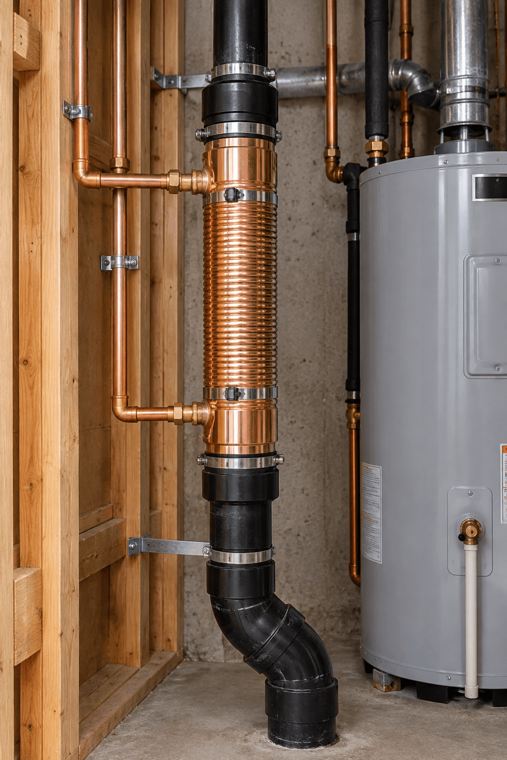 Installation de plomberie résidentielle comprenant un échangeur de chaleur en cuivre raccordé à un tuyau d'évacuation vertical noir, avec conduites en cuivre et chauffe-eau dans un sous-sol en construction, illustrant un système de récupération de chaleur des eaux usées / Residential plumbing installation featuring a copper drain water heat recovery exchanger connected to a vertical black drainpipe, with copper piping and a water heater in an unfinished basement
