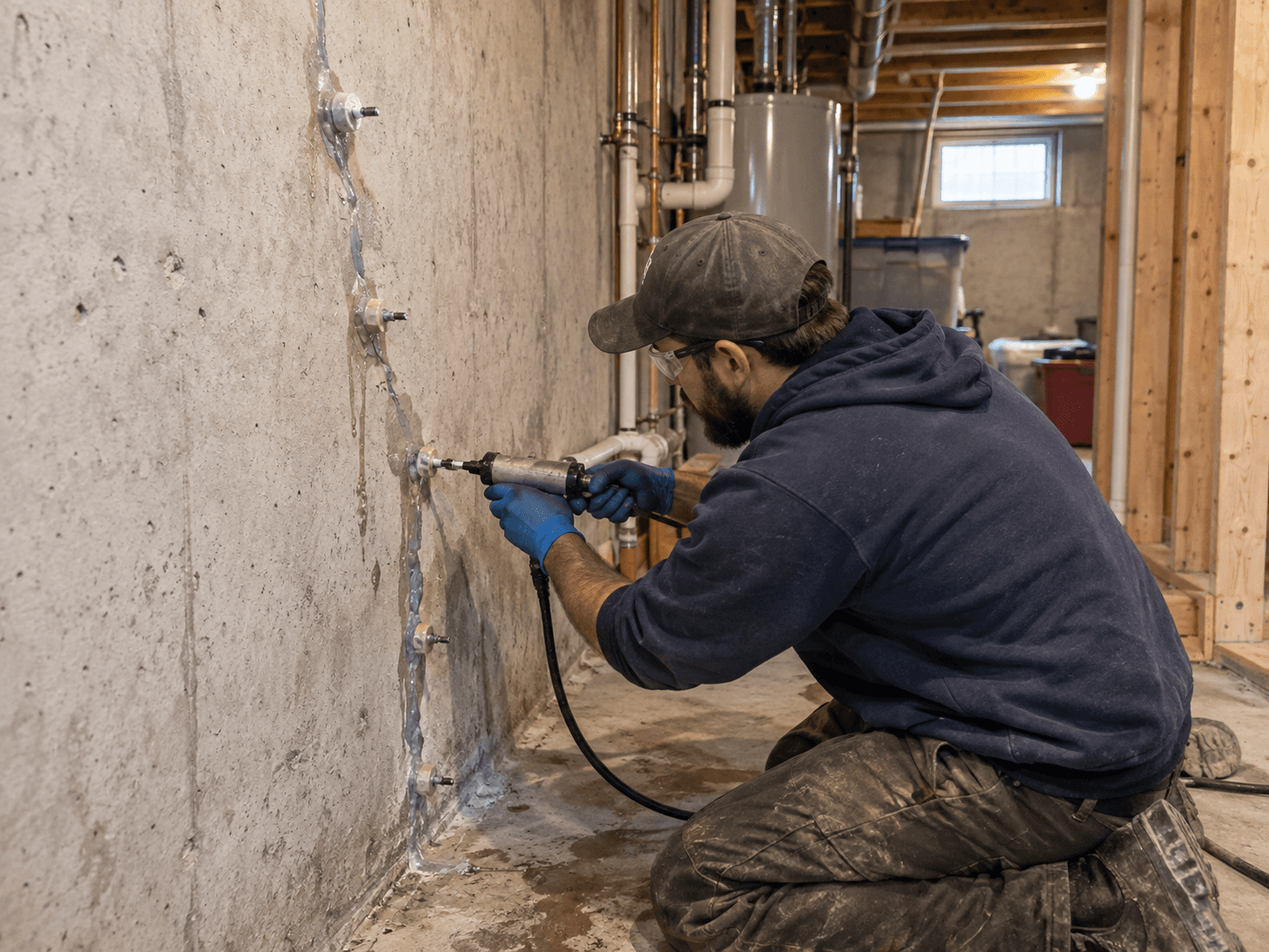 Technicien injectant une résine dans une fissure verticale d’un mur de fondation en béton au sous-sol à l’aide de ports d’injection pour colmater une infiltration d’eau / Technician injecting resin into a vertical crack in a concrete basement foundation wall through injection ports to seal water infiltration