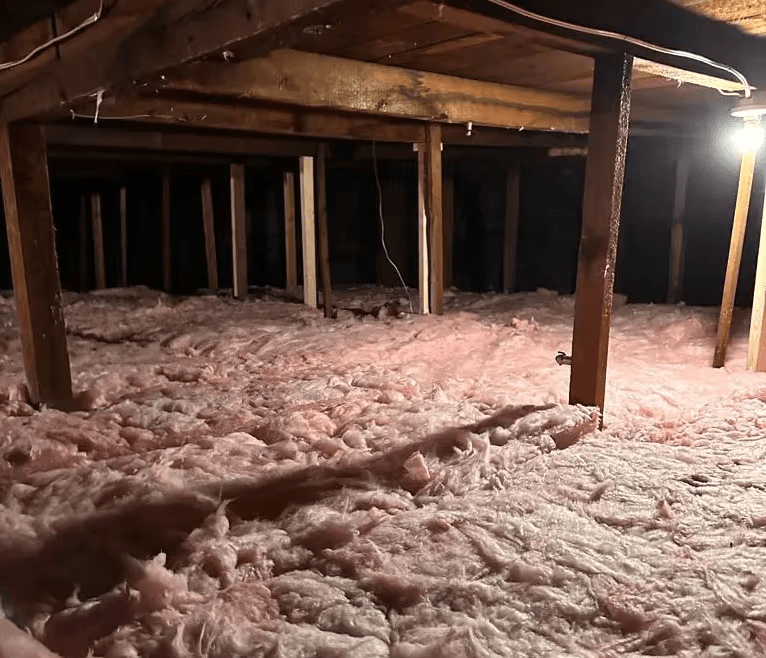 Entretoit isolé avec laine soufflée rose, poutres en bois, câblage apparent et éclairage temporaire.