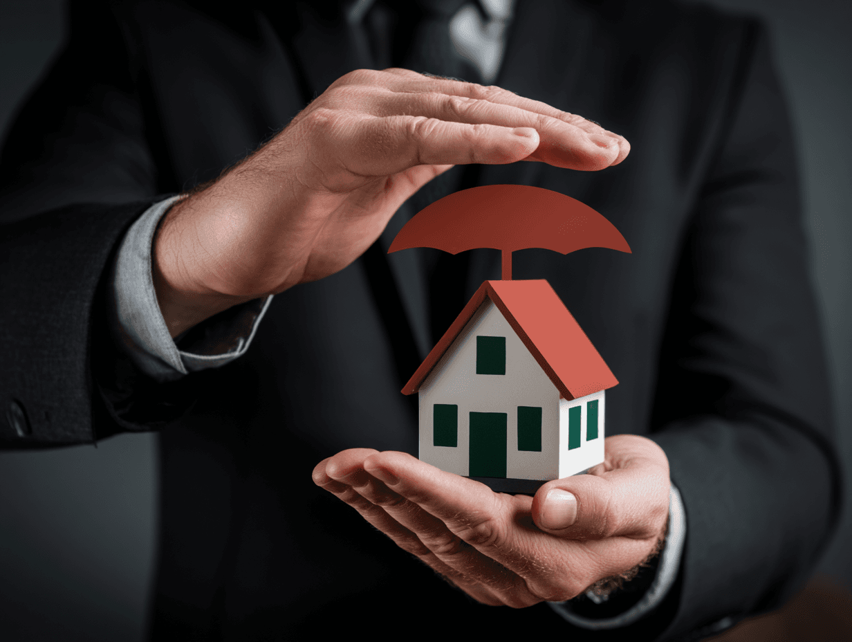 Concept de protection résidentielle avec une maison miniature sous un parapluie, tenue entre les mains d’un professionnel en costume