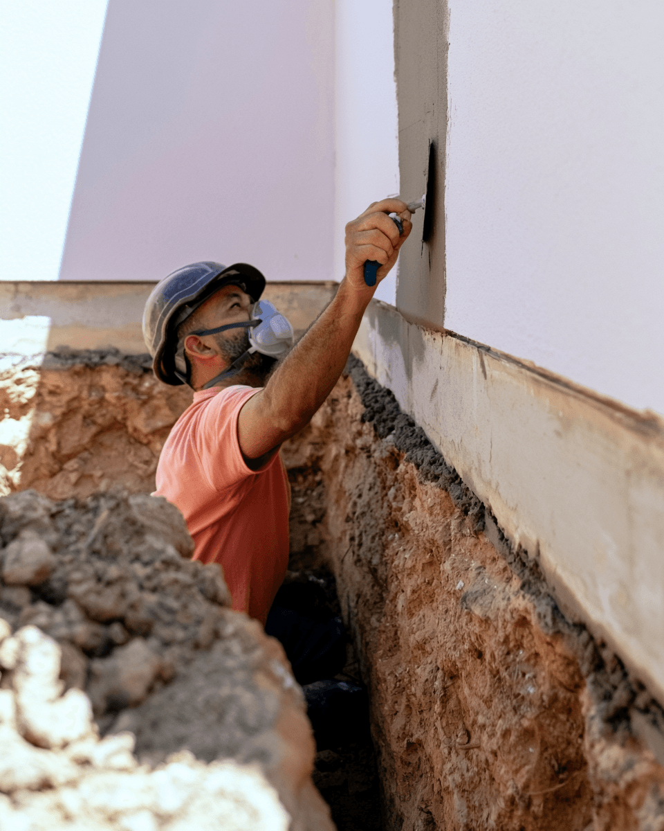 Travailleur en construction portant un casque et un masque respiratoire, appliquant un produit sur un mur de fondation depuis une tranchée excavée