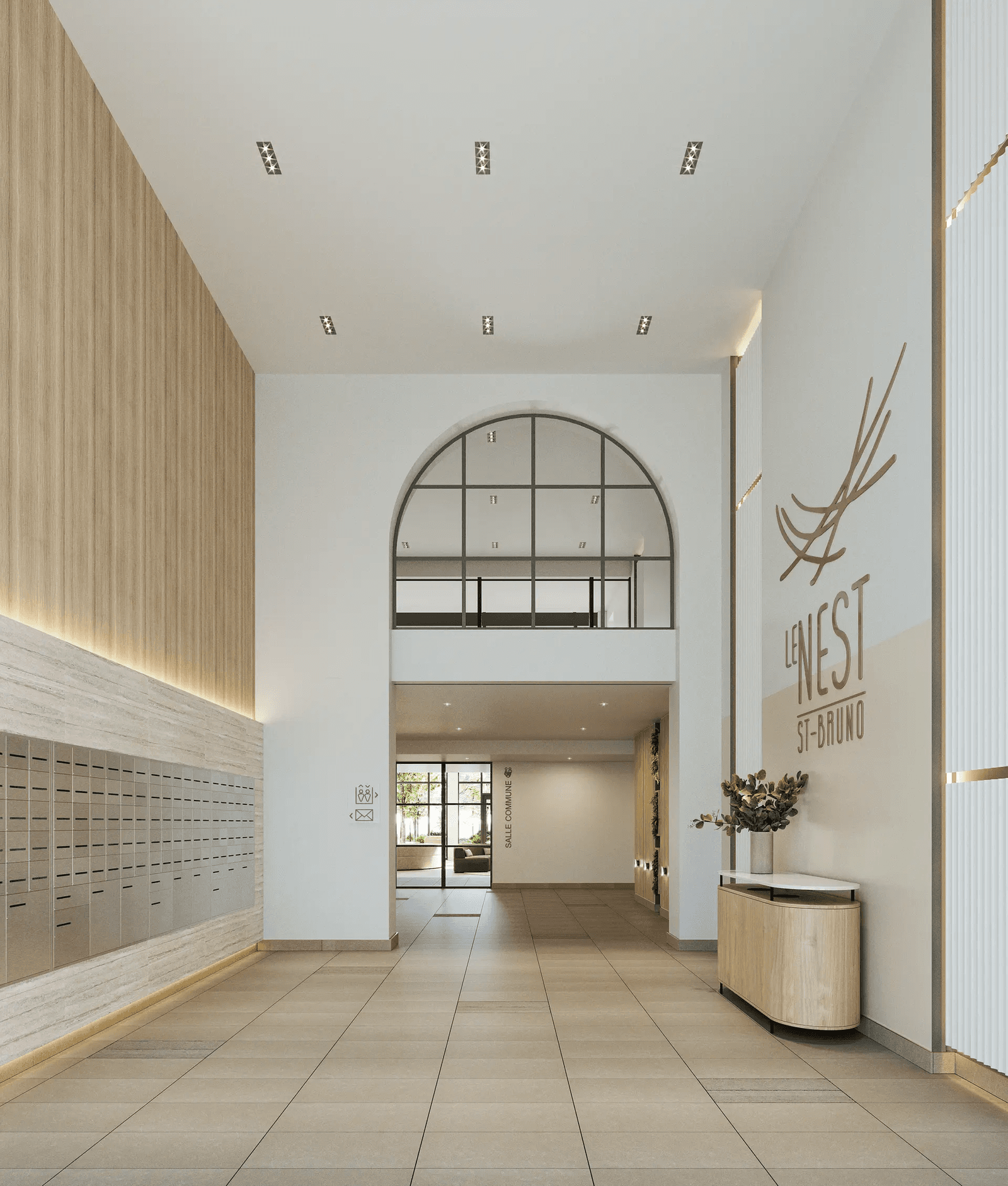 Hall d’entrée moderne d’un immeuble résidentiel avec boîtes postales intégrées, éclairage encastré, finition en bois clair et grande ouverture vitrée en arche