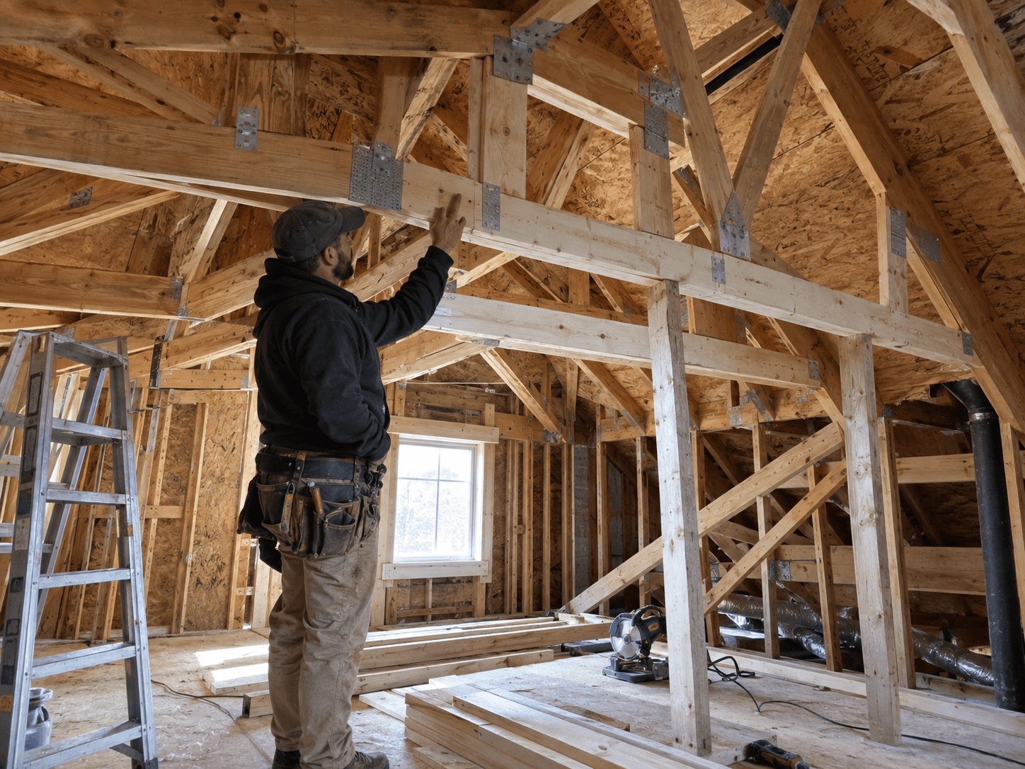  / Entrepreneur en charpente inspectant une structure de toiture en bois avec fermes, poutres, poteaux et connecteurs métalliques dans une maison en rénovation