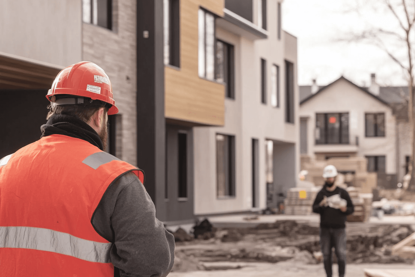Superviseur de chantier en gilet de sécurité observant la construction de maisons modernes