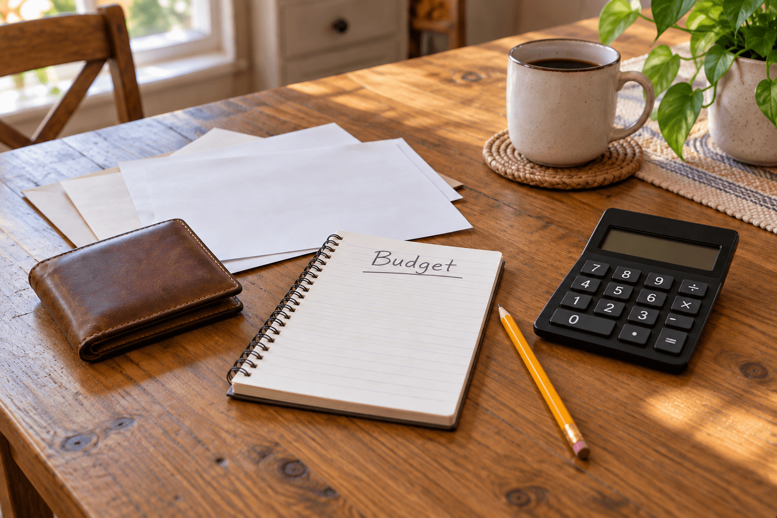 Planification d'un budget de rénovation résidentielle sur une table en bois avec calculatrice, carnet de notes, crayon, portefeuille et documents financiers pour organiser les dépenses et estimer les coûts des travaux.