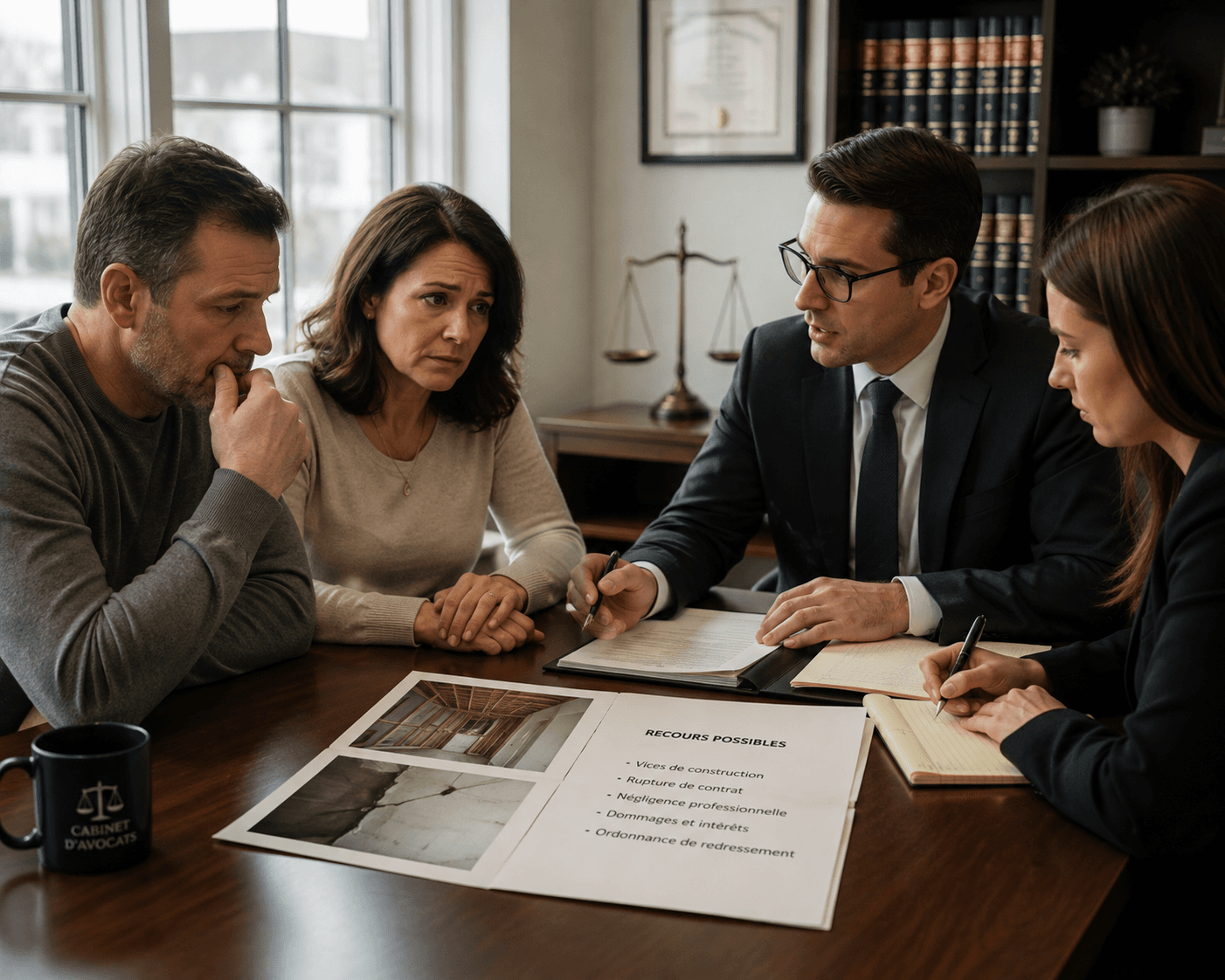 Couple rencontrant deux professionnels du droit pour discuter de recours possibles liés à des défauts de construction et à un litige contractuel