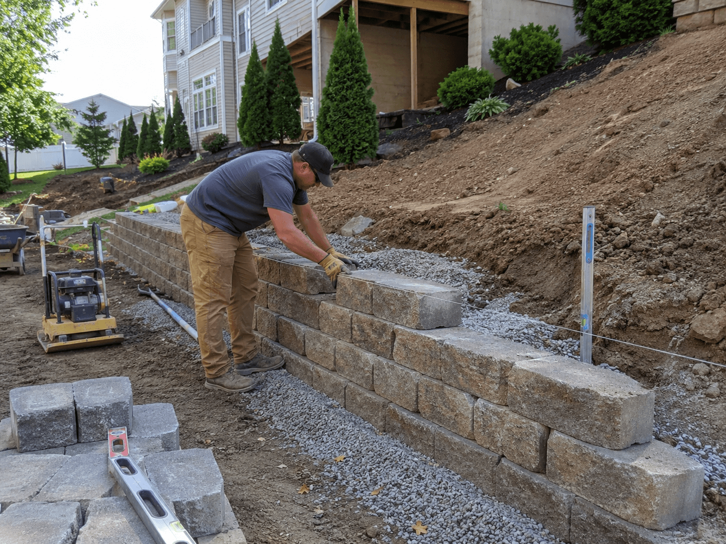 Travailleur construisant un muret de soutènement en blocs de béton sur un terrain résidentiel en pente, avec gravier compacté et outils de nivellement