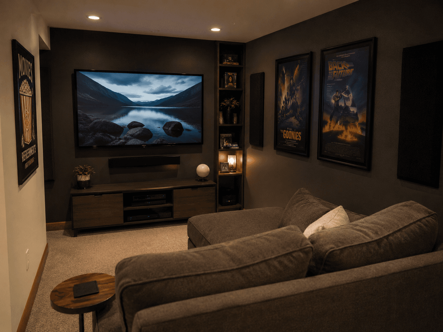 Home-cinéma moderne avec un grand téléviseur mural, un système audio, un canapé d'angle, un éclairage encastré et des affiches de films encadrées.