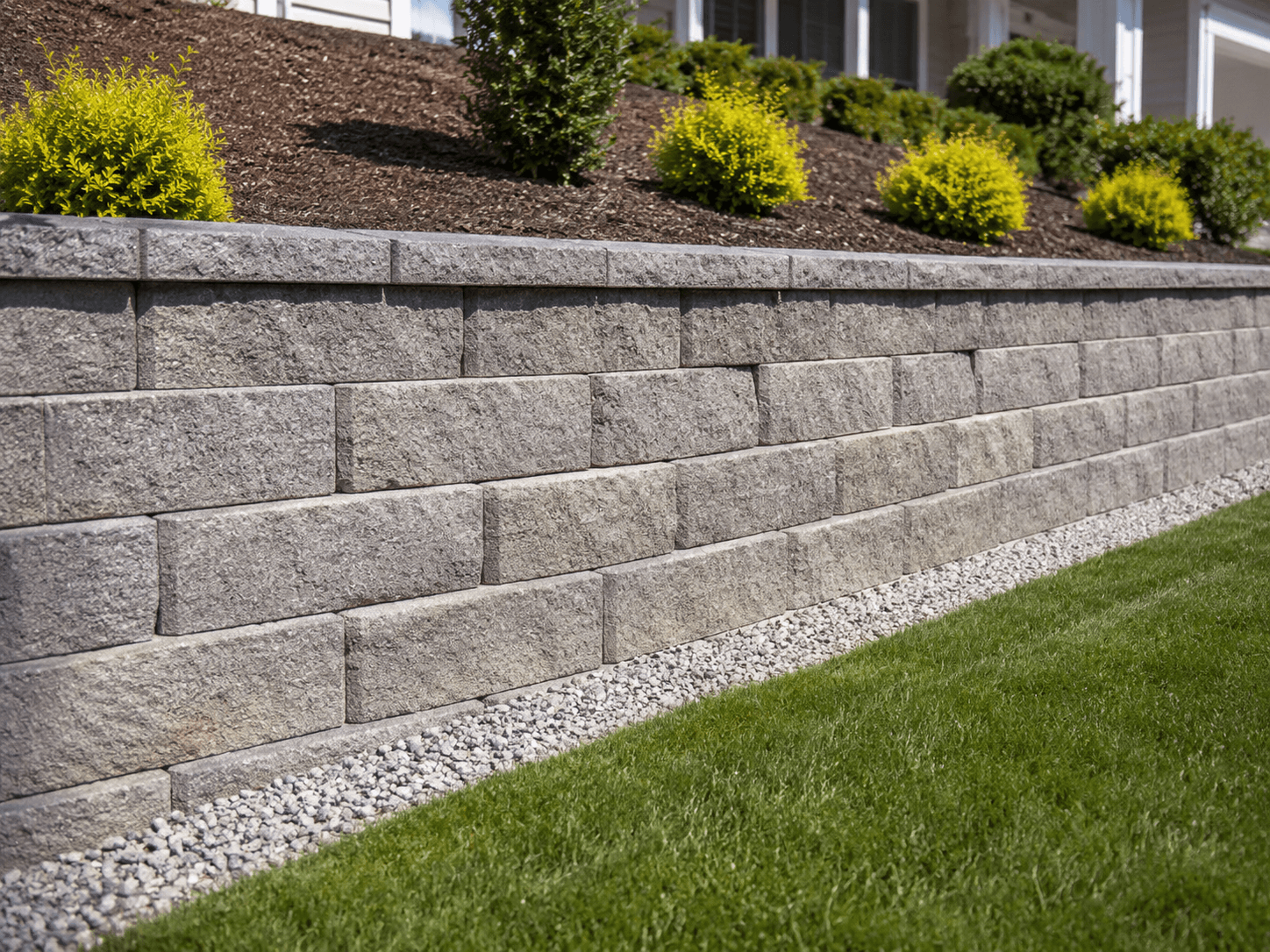 Muret de soutènement en blocs de béton gris bordant une pelouse résidentielle, avec gravier décoratif et arbustes aménagés sur le terrain en pente