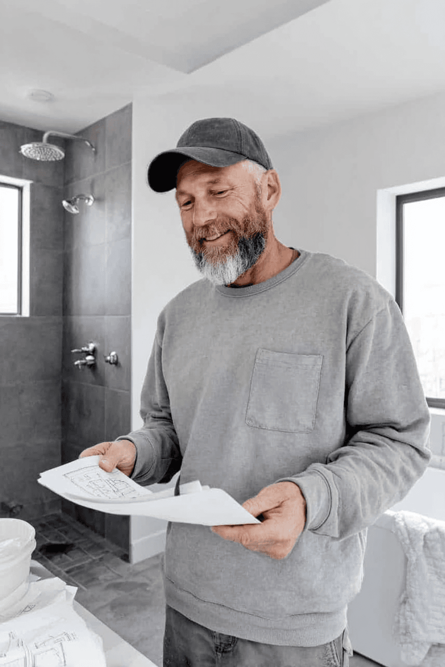 Entrepreneur en rénovation consultant des plans dans une salle de bain moderne avec douche en céramique