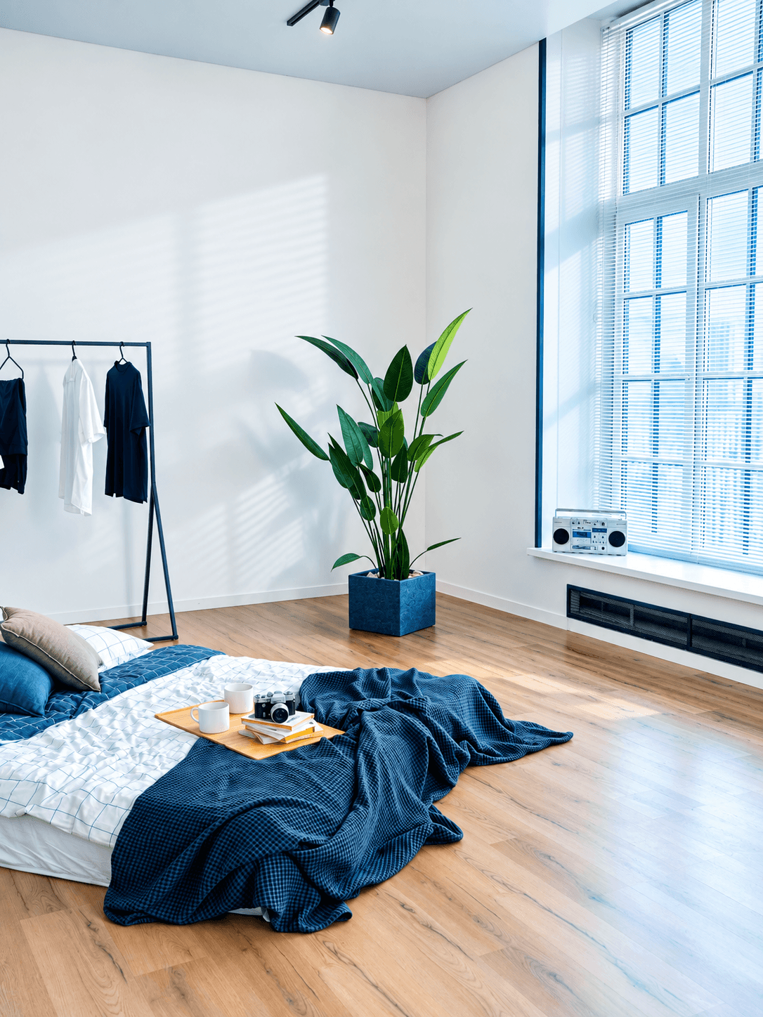 Chambre minimaliste lumineuse avec plancher de bois franc, lit au sol, plante verte, portant à vêtements et grande fenêtre avec bouche de chauffage.