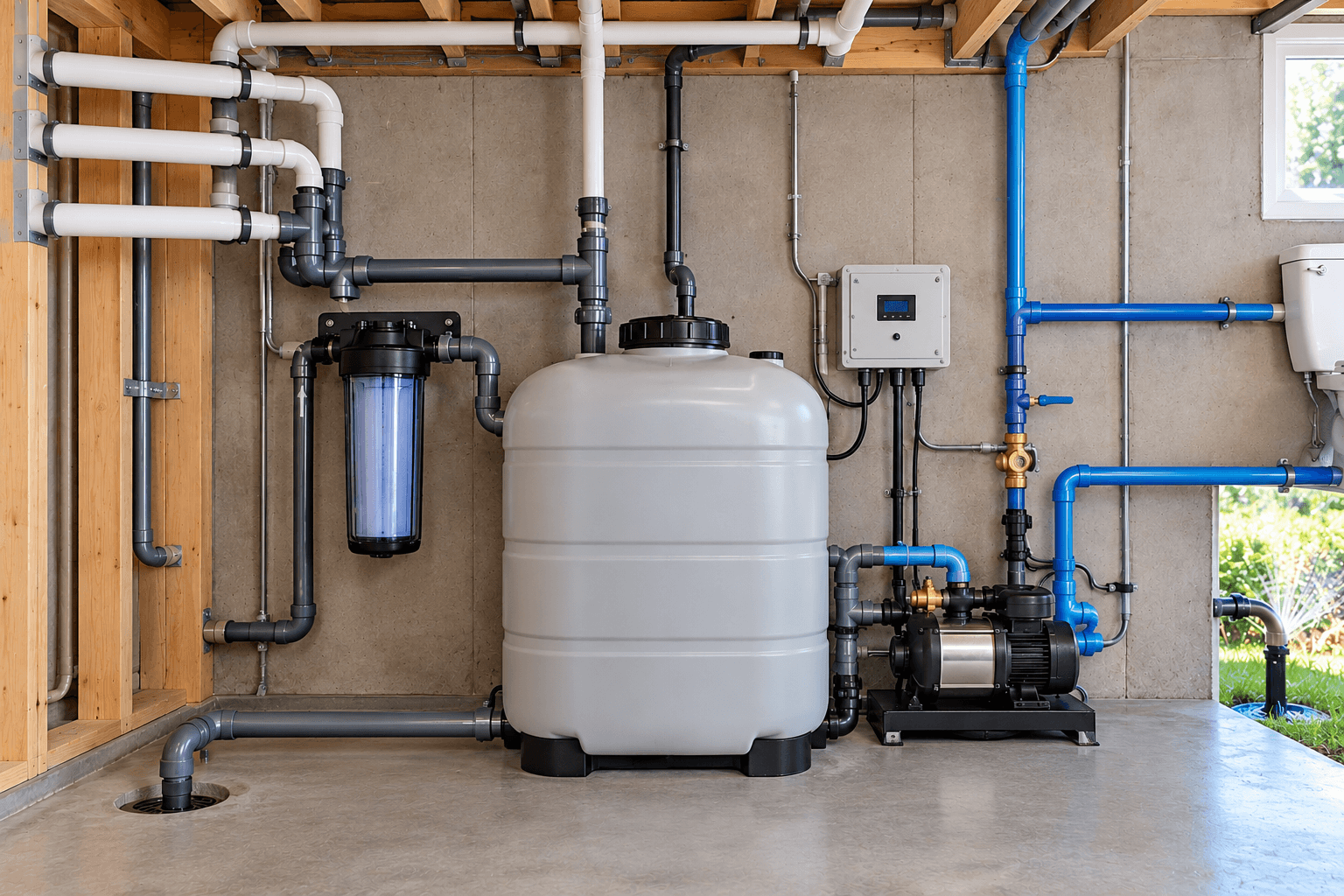 Installation résidentielle d'un système de récupération et de réutilisation des eaux grises comprenant un réservoir de stockage, un filtre, une pompe, des conduites de plomberie et un panneau de commande, permettant notamment l'irrigation du jardin / Residential greywater recycling and reuse system featuring a storage tank, water filter, pump, plumbing pipes and control panel, with piping connected to an outdoor garden irrigation system