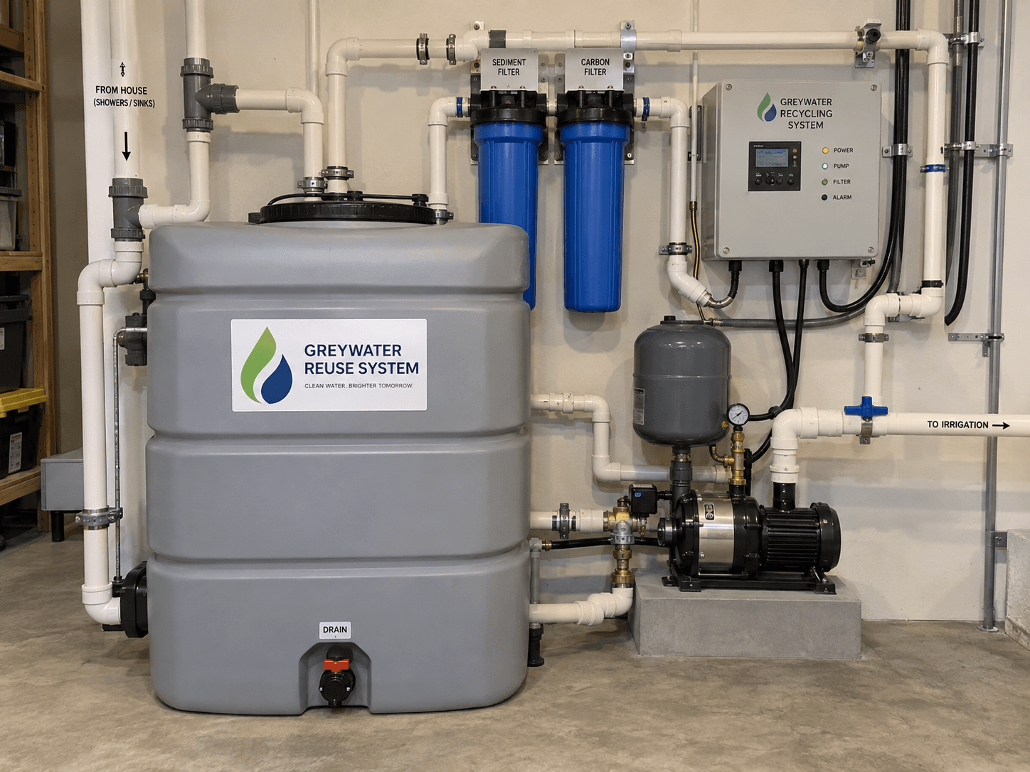 Système résidentiel de récupération et de réutilisation des eaux grises avec réservoir de stockage, filtres à sédiments et à charbon, pompe et tuyauterie permettant l'irrigation extérieure / Residential greywater recycling and reuse system featuring a storage tank, sediment and carbon filters, water pump and piping for outdoor irrigation