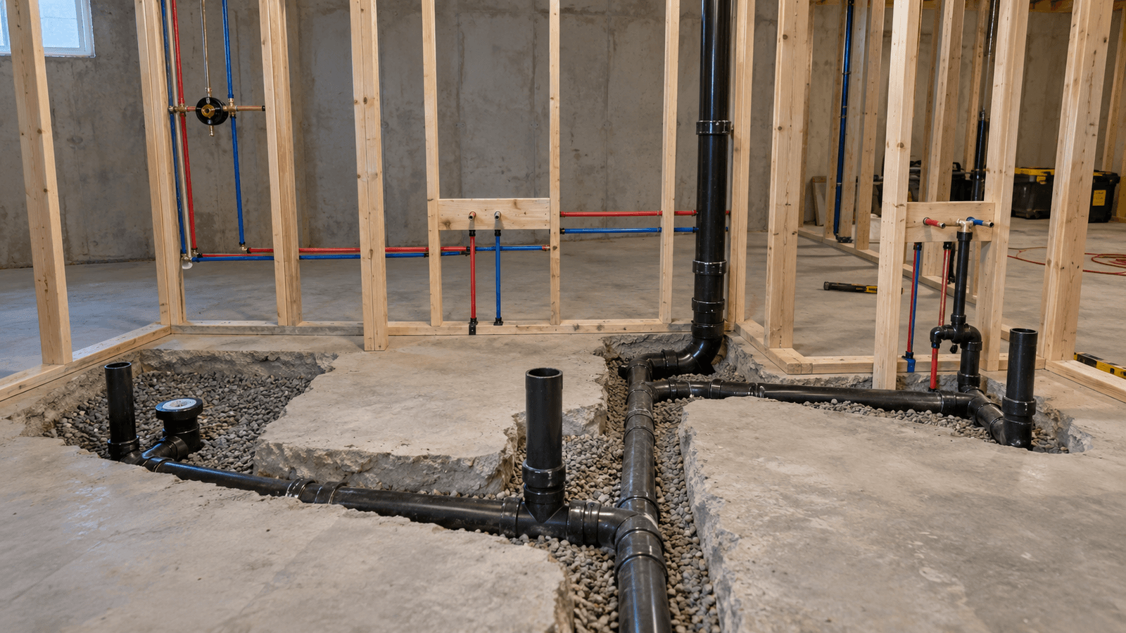 Installation de plomberie brute dans un sous-sol en rénovation avec conduites d’évacuation noires encastrées dans la dalle de béton, tuyaux d’alimentation en eau rouge et bleu et ossature murale en bois