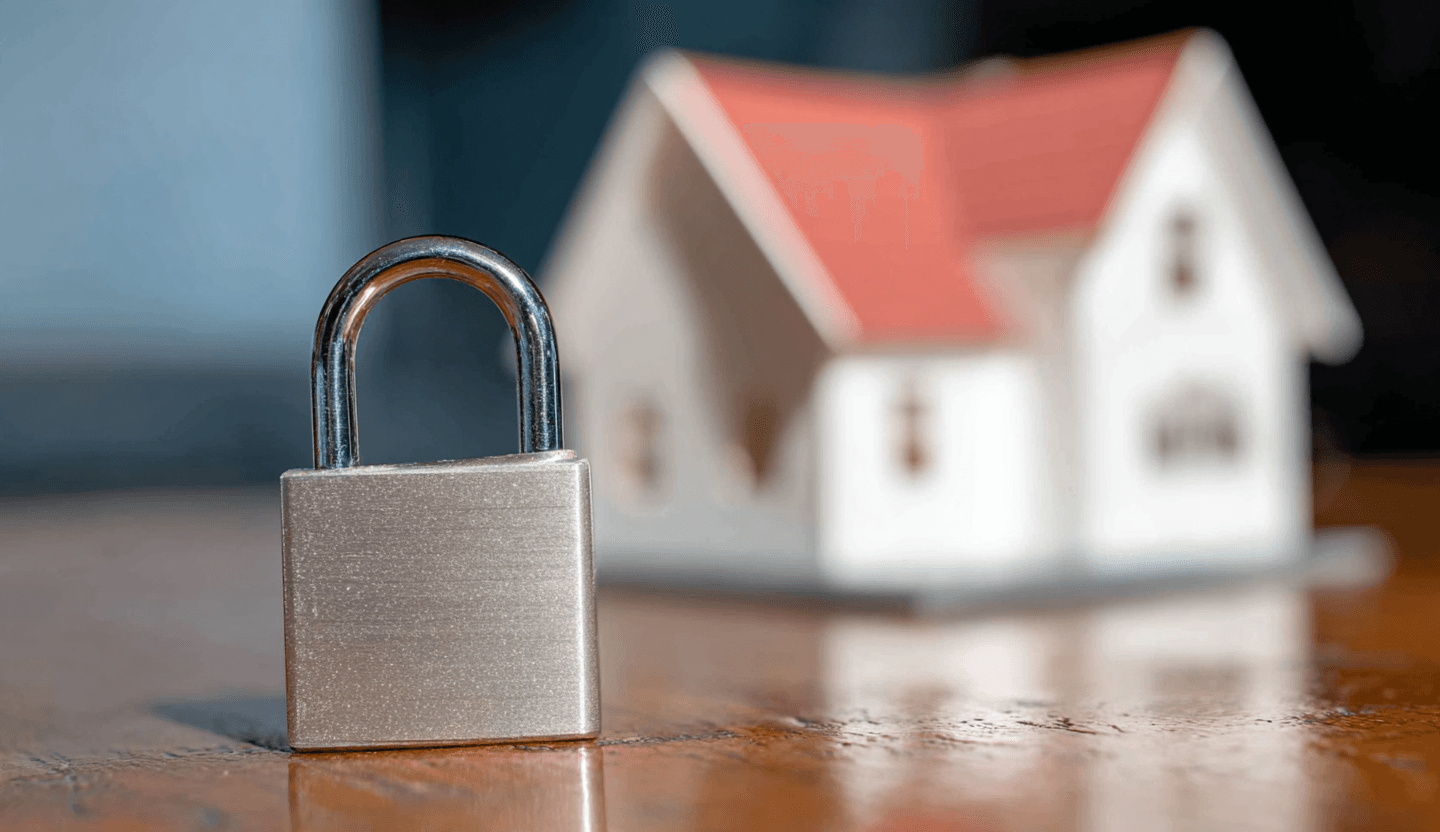 Cadenas métallique devant une maquette de maison, illustrant la sécurité résidentielle et la protection d’une propriété