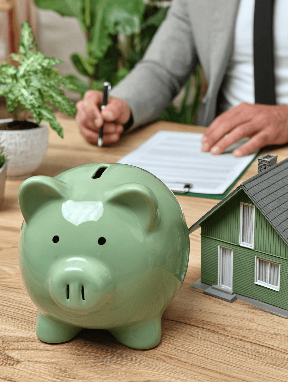Tirelire verte et maquette de maison sur un bureau devant un conseiller remplissant des documents, illustrant le financement immobilier, l’épargne et la planification budgétaire de projets de rénovation résidentielle / Green piggy bank and model house on a desk in front of an advisor completing paperwork, illustrating home financing, savings and budget planning for residential renovation projects