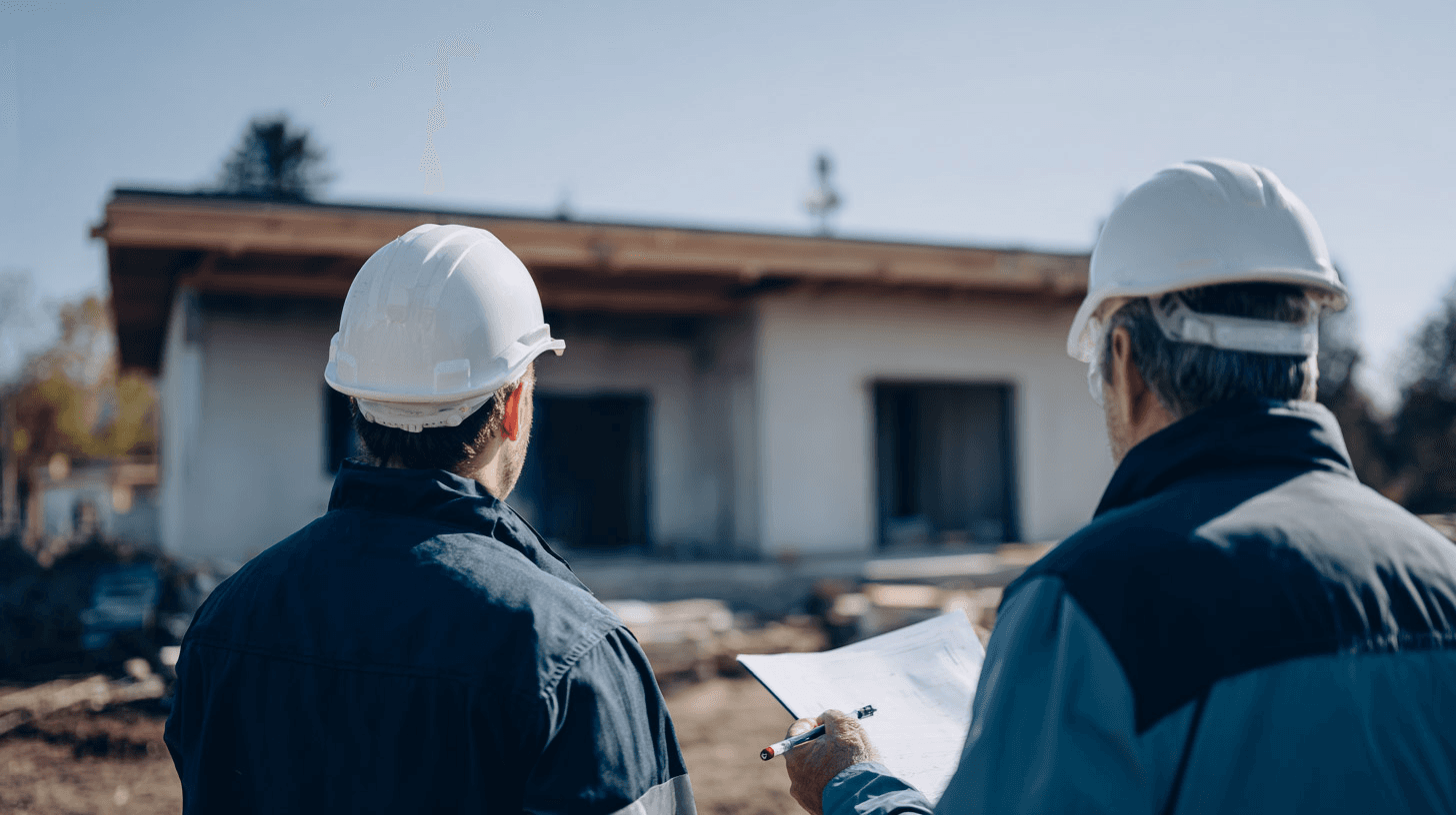 Deux professionnels de la construction portant des casques de sécurité examinent des plans devant une maison en chantier lors d’une inspection des travaux.