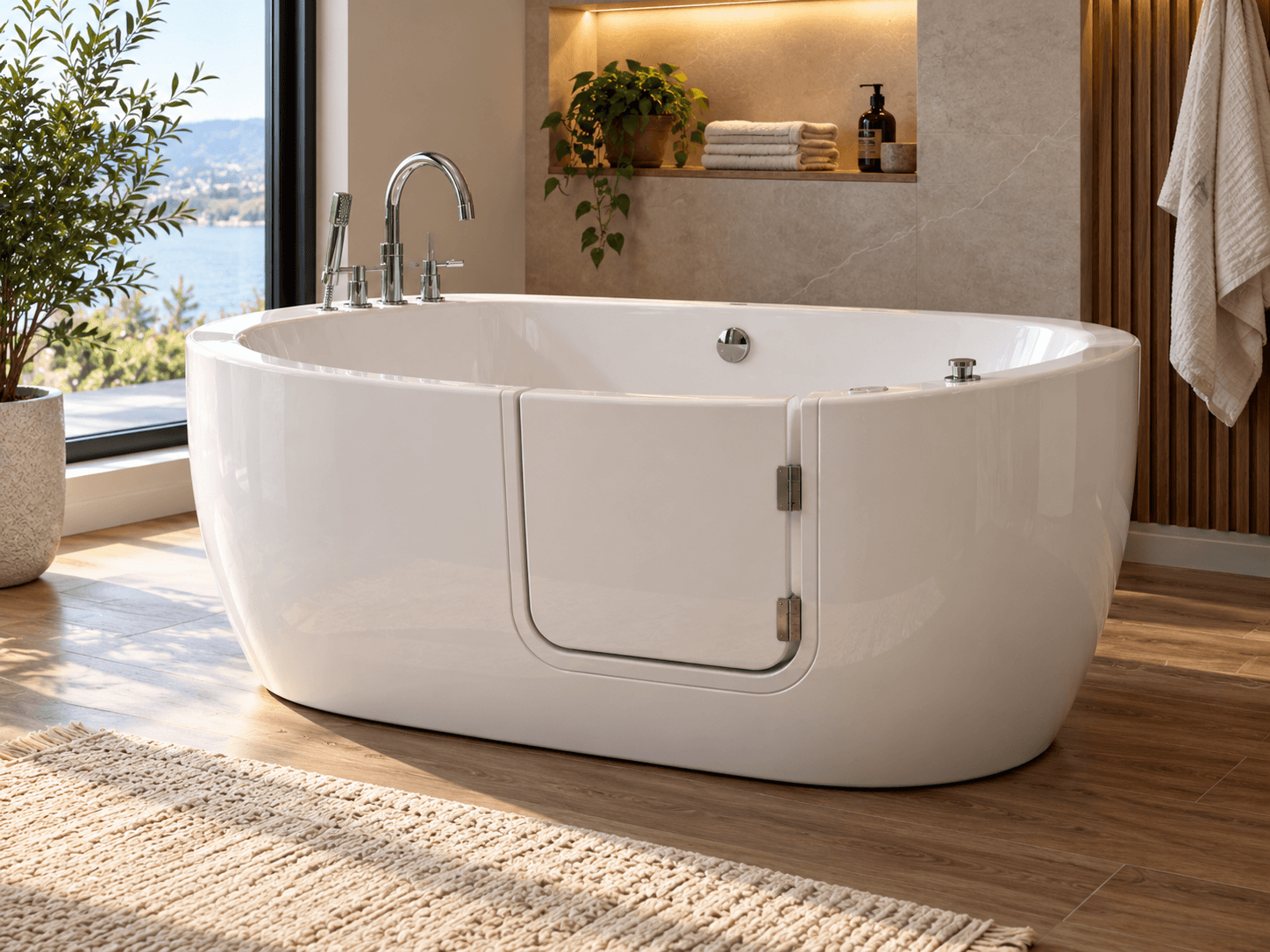 Salle de bain moderne avec baignoire autoportante à porte, robinetterie chromée, plancher en bois et grande fenêtre avec vue sur l’eau