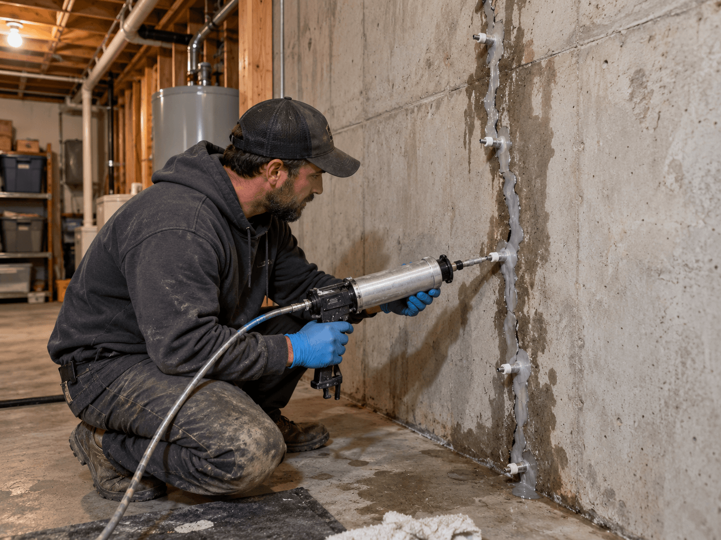 Technicien injectant une résine dans une fissure verticale d’un mur de fondation en béton au sous-sol afin de colmater une infiltration d’eau / Technician injecting resin into a vertical crack in a concrete basement foundation wall to seal water infiltration