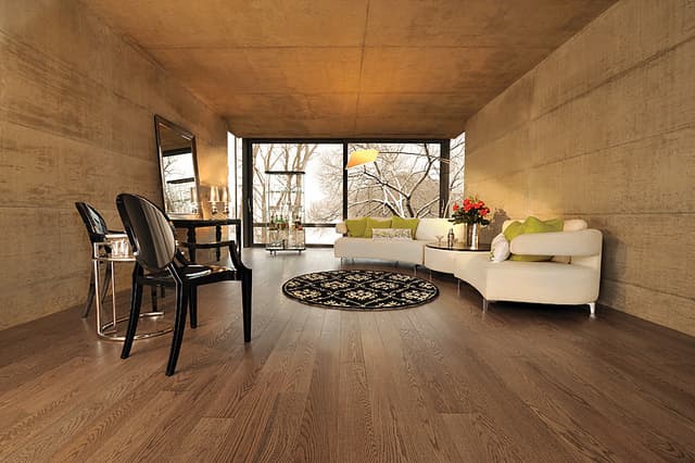 Salon contemporain avec plancher en bois franc brun à larges lattes, murs et plafond en béton apparent, deux canapés blancs avec coussins décoratifs verts, tapis rond noir à motifs, grandes fenêtres panoramiques, mobilier moderne et espace de vie lumineux au design minimaliste