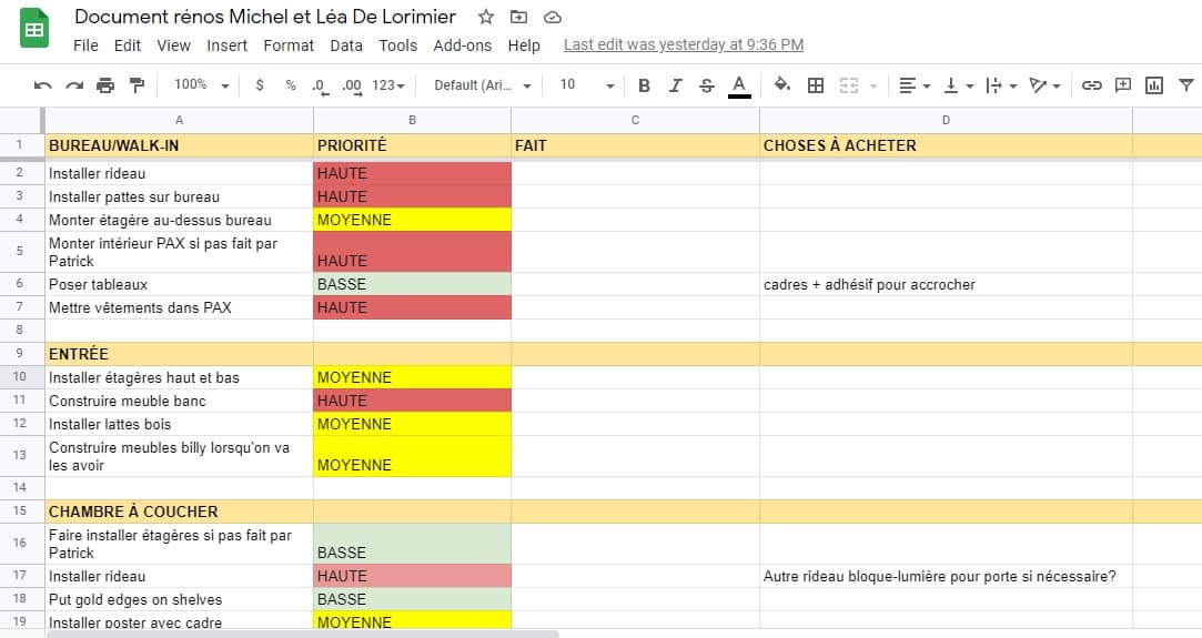 Document google sheet préparation après les travaux